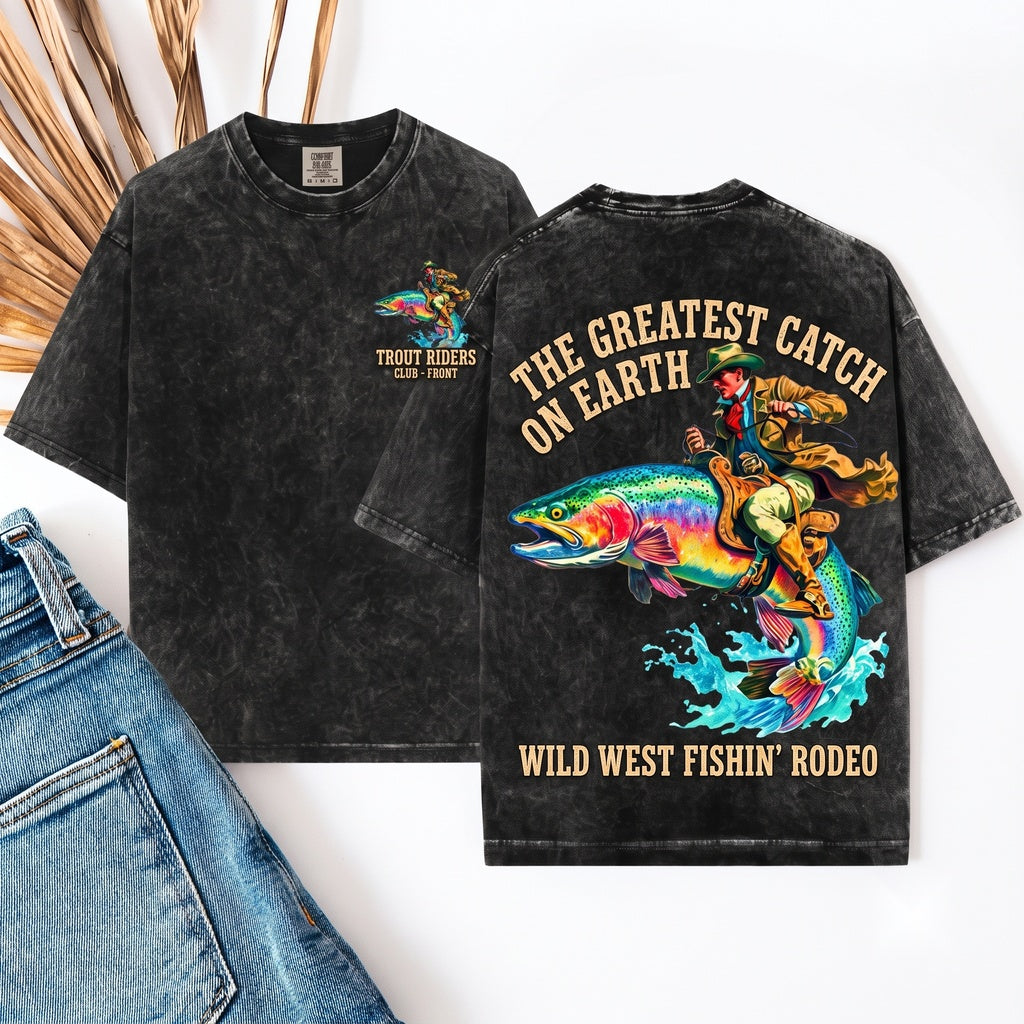 Cowboy Riding Rainbow Trout Fishing Club Rodeo Graphic Unisex Wash T-Shirt