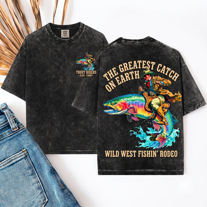 Cowboy Riding Rainbow Trout Fishing Club Rodeo Graphic Unisex Wash T-Shirt