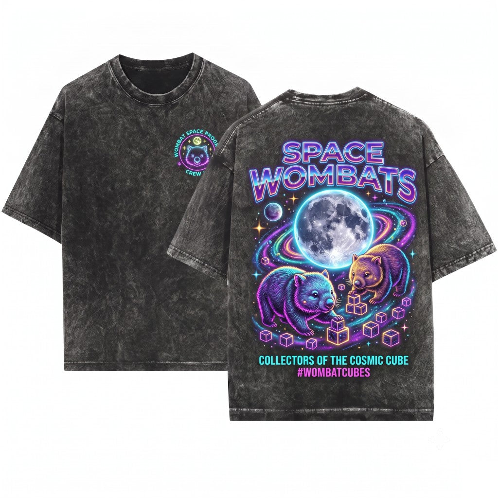Three Wombats Galaxy Moon Space Funny Cute Aussie Wildlife Graphic Unisex Wash T-Shirt
