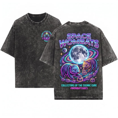 Three Wombats Galaxy Moon Space Funny Cute Aussie Wildlife Graphic Unisex Wash T-Shirt