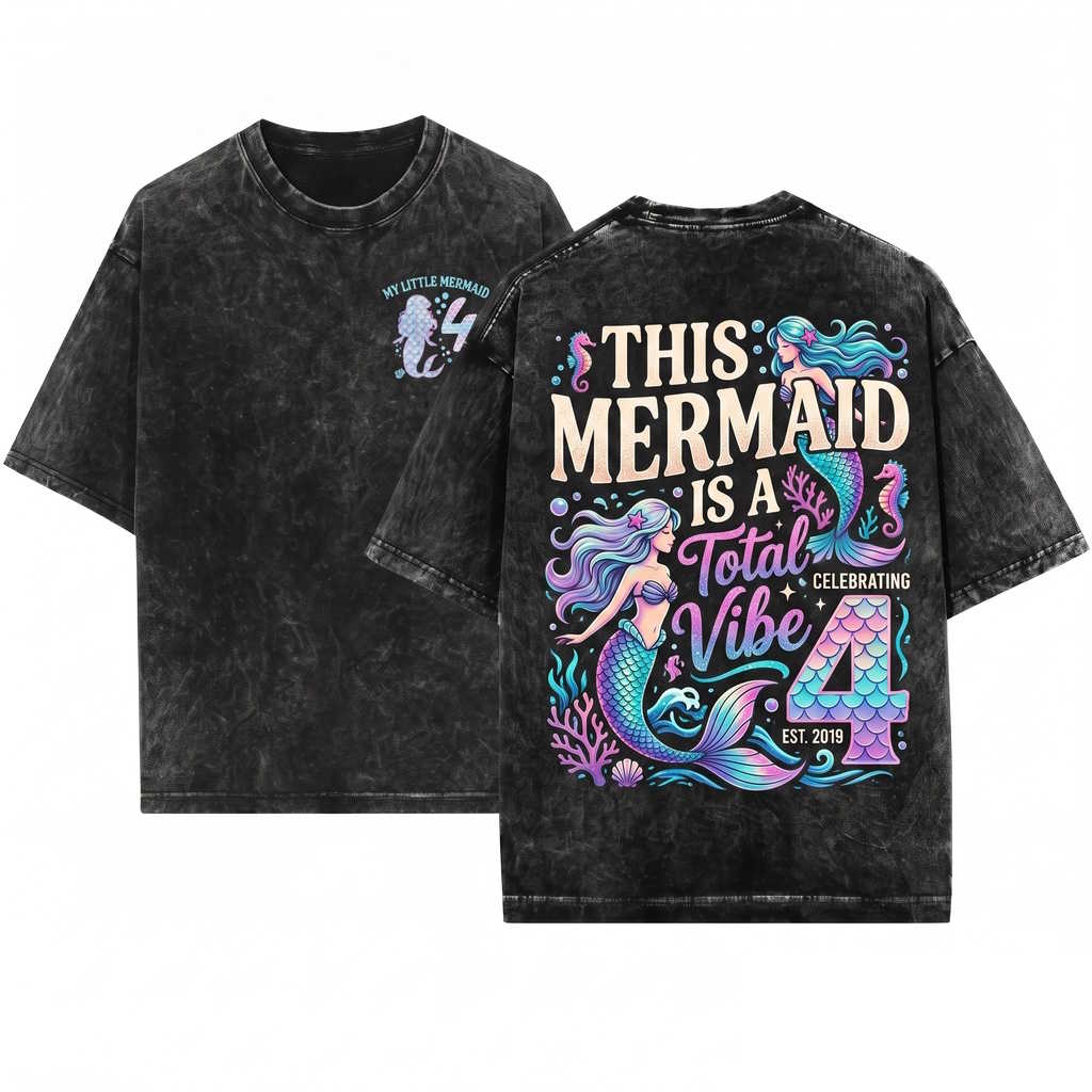 Mermaid 4th Birthday Girl Magical Ocean Party Graphic Underwater Princess Celebration Gift Unisex Wash T-Shirt