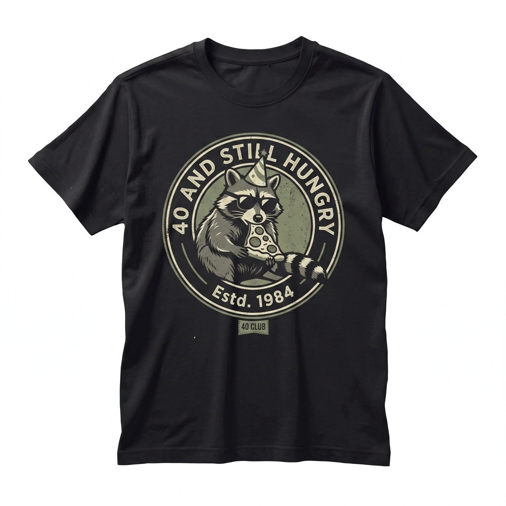 Funny 40th Birthday 40 And Still Hungry Trash Panda Raccoon Meme Gift For Him Unisex TShirt