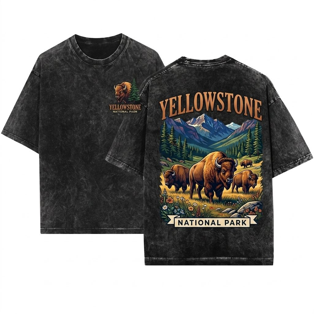 Yellowstone National Park Vintage Bison Graphic Retro Nature Souvenir Outdoor Unisex Wash T-Shirt