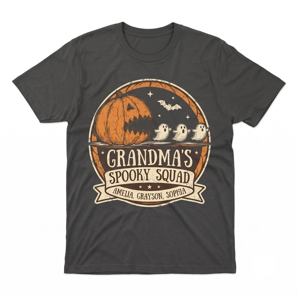 Personalized Pumpkin Chasing Ghosts Halloween Grandma Grandkids Names Fall Graphic Unisex TShirt