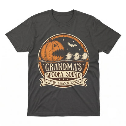 Personalized Pumpkin Chasing Ghosts Halloween Grandma Grandkids Names Fall Graphic Unisex TShirt