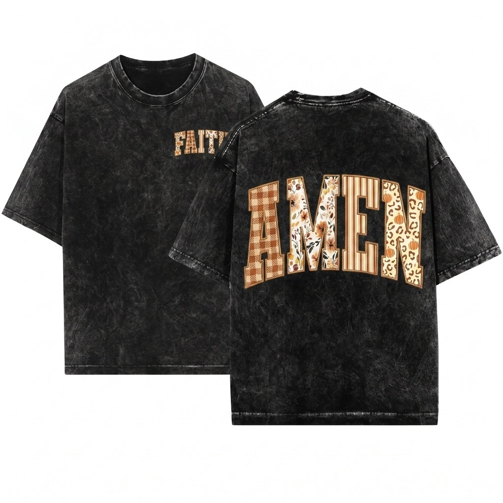Vintage Christian Amen Jesus Faith Bible Verses Faux Embroidery Autumn Fall Thanksgiving Unisex Wash T-Shirt