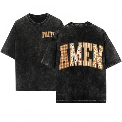 Vintage Christian Amen Jesus Faith Bible Verses Faux Embroidery Autumn Fall Thanksgiving Unisex Wash T-Shirt