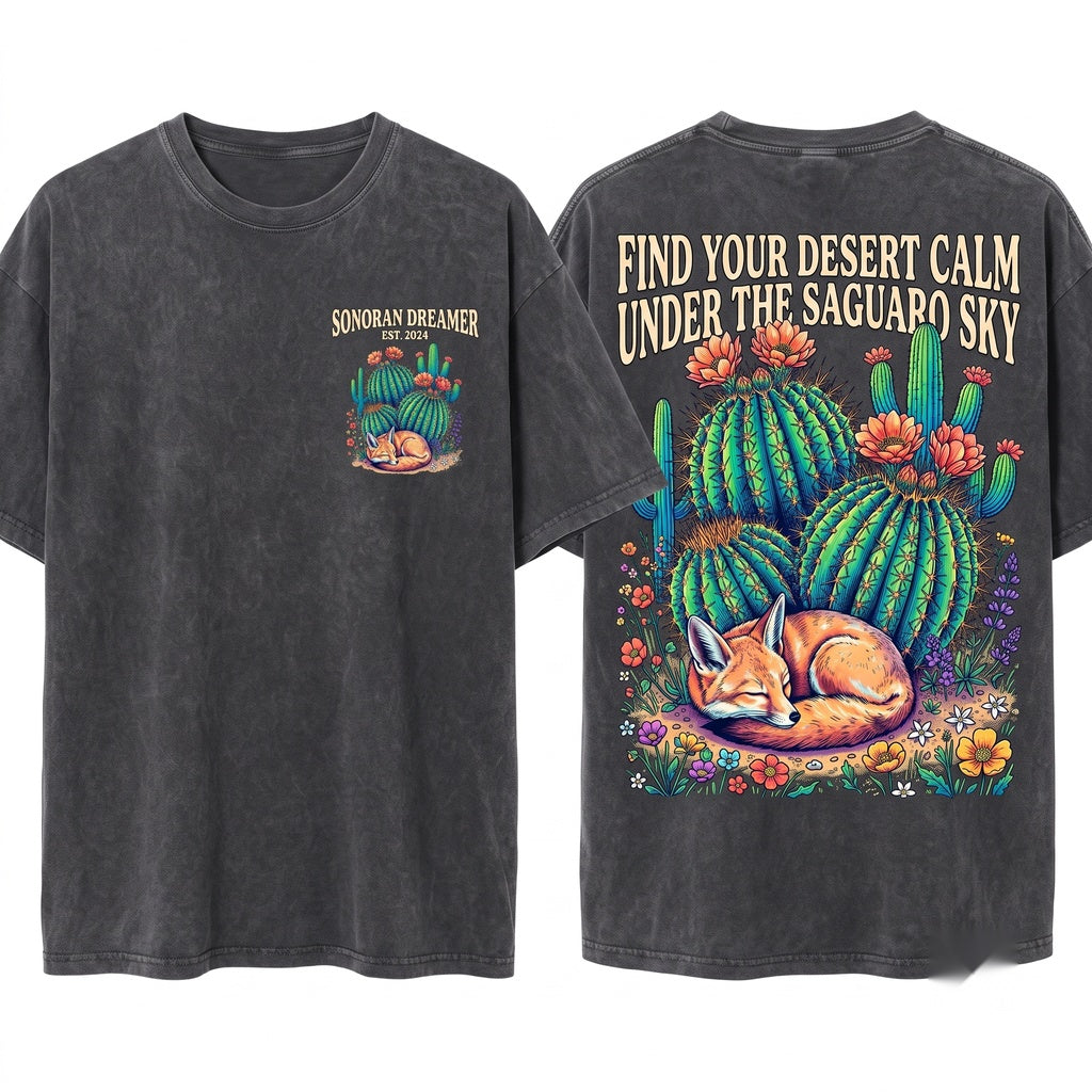 Vintage Desert Southwest Wildlife Sleeping Coyote Fox Nature Animal Graphic Gift Unisex Wash T-Shirt