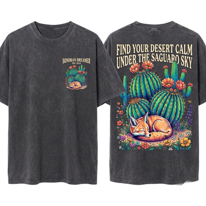 Vintage Desert Southwest Wildlife Sleeping Coyote Fox Nature Animal Graphic Gift Unisex Wash T-Shirt