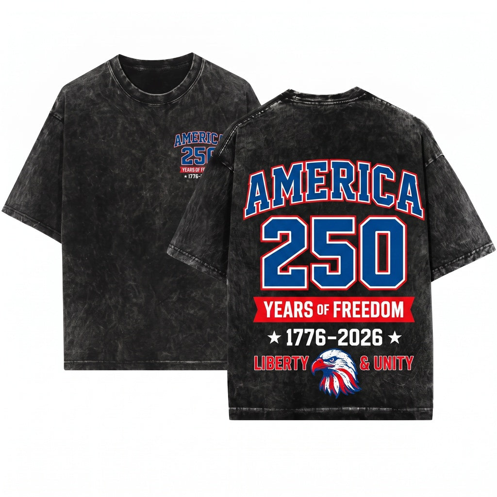 America 250 Years Freedom Vintage Varsity Patriotic USA Unisex Wash T-Shirt