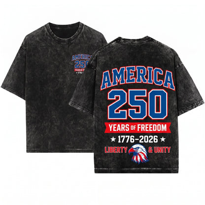 America 250 Years Freedom Vintage Varsity Patriotic USA Unisex Wash T-Shirt