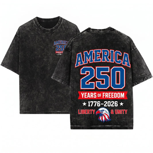 America 250 Years Freedom Vintage Varsity Patriotic USA Unisex Wash T-Shirt