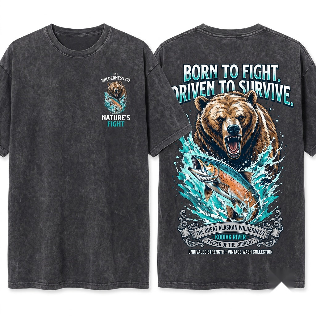Retro Grizzly Bear Salmon Fishing Wildlife Rugged River Wilderness Outdoorsman Gift Unisex Wash T-Shirt