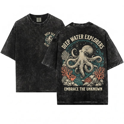 Vintage Ocean Octopus Graphic Marine Sea Creature Coastal Nautical Retro Style Wildlife Gift Unisex Wash T-Shirt