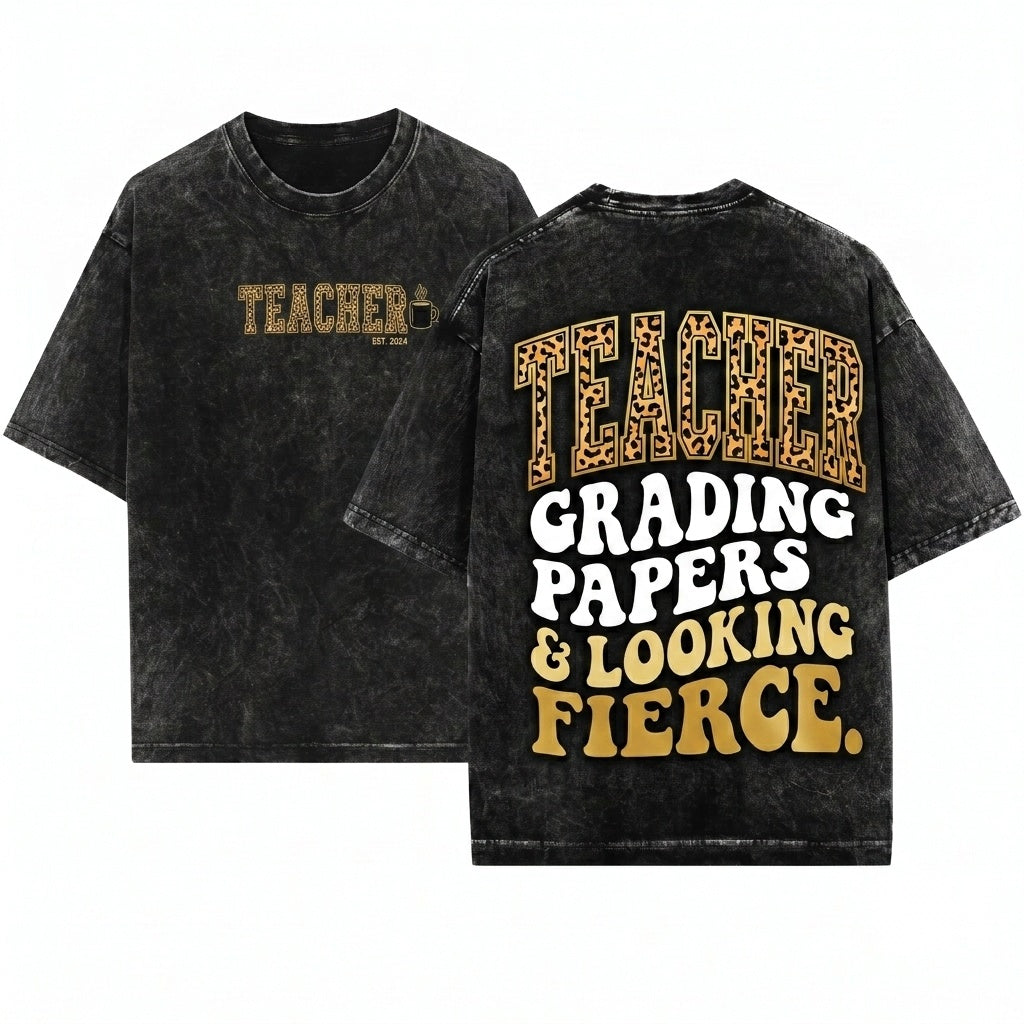 Leopard Varsity Animal Print New Teach Teacher Gift Sweatshirt Unisex Wash T-Shirt