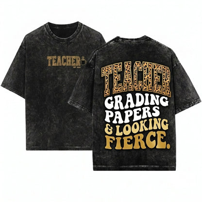 Leopard Varsity Animal Print New Teach Teacher Gift Sweatshirt Unisex Wash T-Shirt