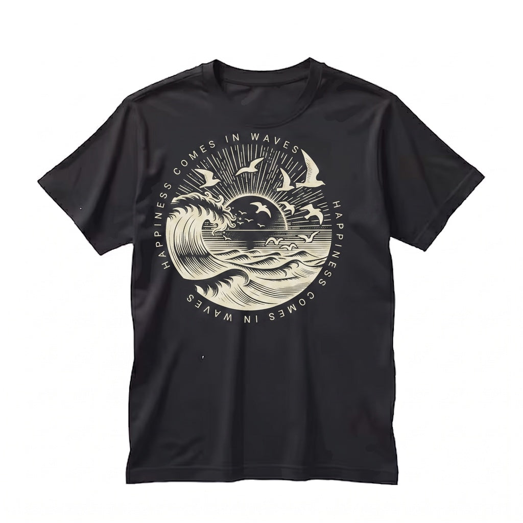 Happiness Comes In Waves Vintage Inspired Beachy Graphic Retro Ocean Unisex TShirt