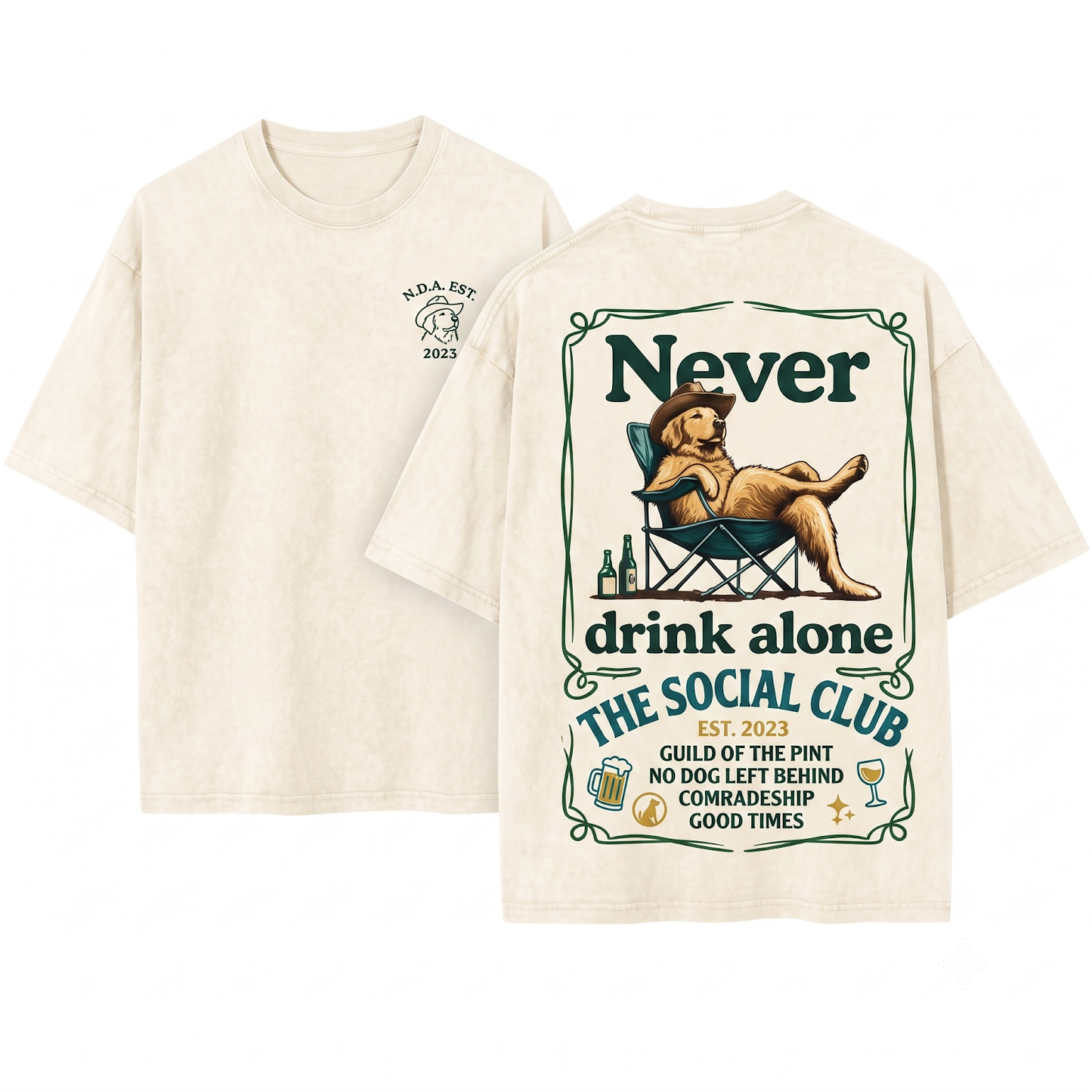 Golden Retriever Never Drink Alone Graphic Tee - Funny Dog Drinking Buddy Gift Outdoor Camping Chair Unisex Heavyweight Garment-Dyed T-Shirt