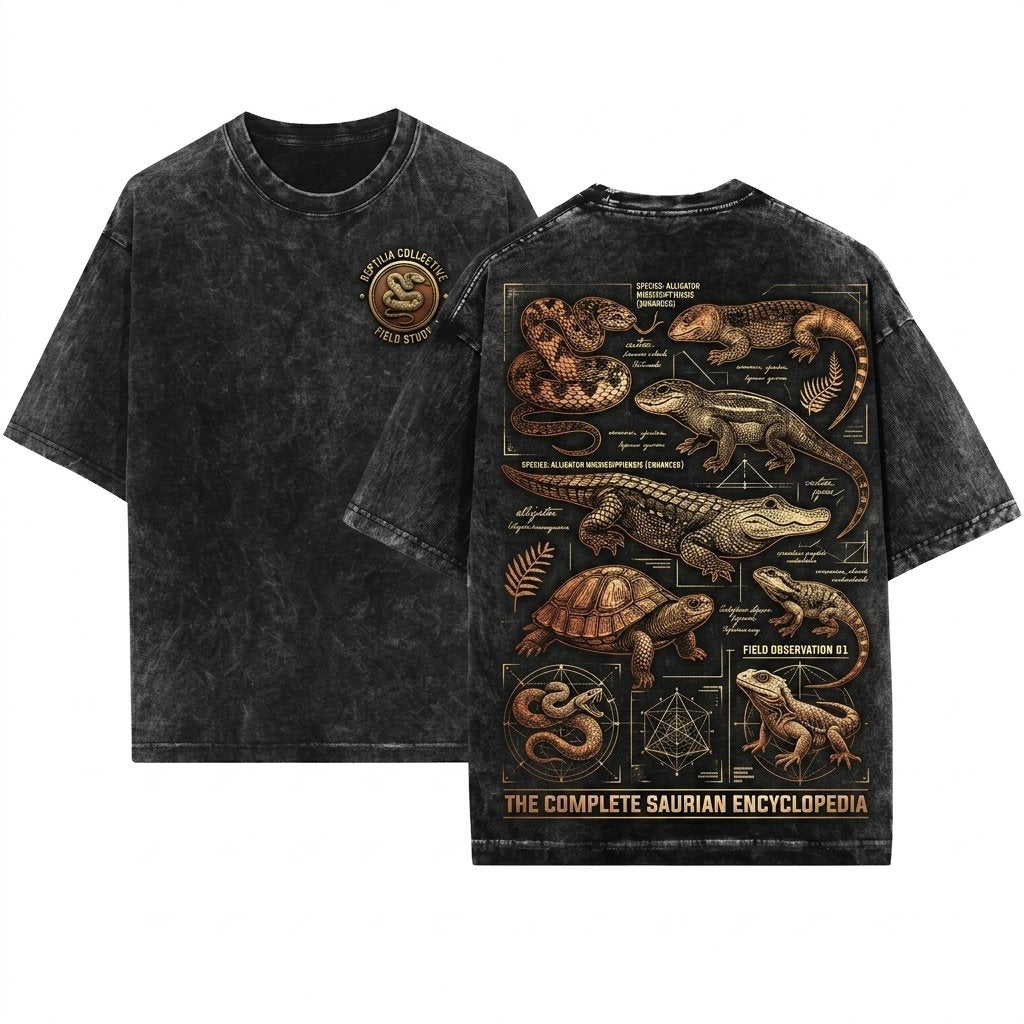 Vintage Reptile Illustration Graphic Gift Snake Lizard Herpetology Nature Tortoise Alligator Unisex Wash T-Shirt