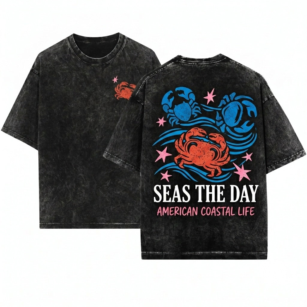 Funny Crab Graphic Seas The Day Ocean Beach Pun Humor Unisex Wash T-Shirt