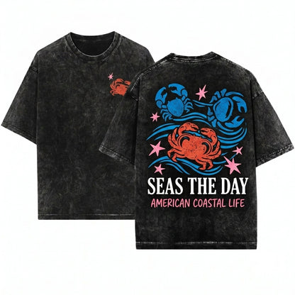 Funny Crab Graphic Seas The Day Ocean Beach Pun Humor Unisex Wash T-Shirt
