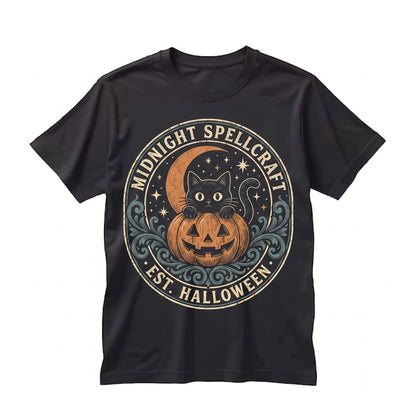 Spooky Black Cat Pumpkin Jack O Lantern Moonlit Autumn Halloween Graphic Gift Unisex TShirt