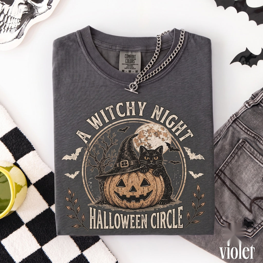 Witch Hat Black Cat Halloween Pumpkin Moon Night Vintage Autumn Aesthetic Cozy Fall Spooky Graphic Unisex TShirt