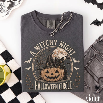Witch Hat Black Cat Halloween Pumpkin Moon Night Vintage Autumn Aesthetic Cozy Fall Spooky Graphic Unisex TShirt