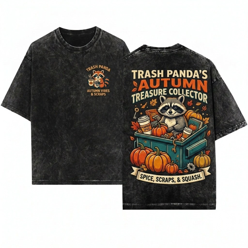 Cute Embroidered Pumpkin Raccoon Cozy Fall Autumn Animal Gift Unisex Wash T-Shirt