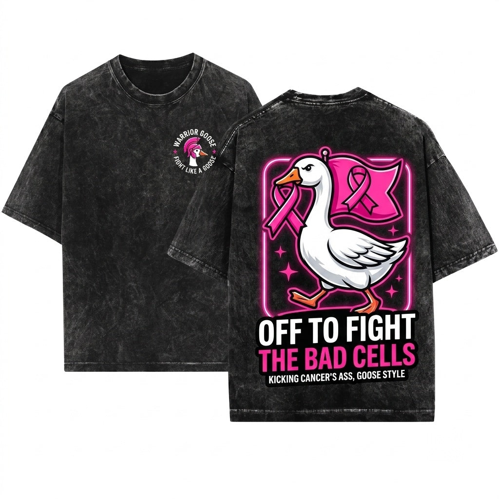 Pink Ribbon Breast Cancer Support Off To Fight Bad Cells Goose Graphic Unisex Wash T-Shirt