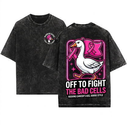 Pink Ribbon Breast Cancer Support Off To Fight Bad Cells Goose Graphic Unisex Wash T-Shirt