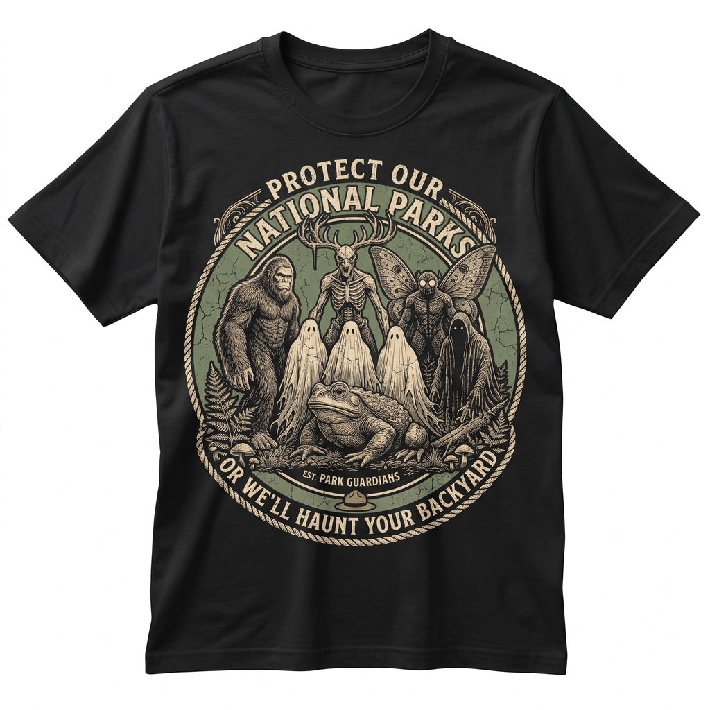 Protect Our National Parks Cryptid Bigfoot Mothman Ghost Vintage Horror Funny Nature Conservation Graphic Unisex TShirt