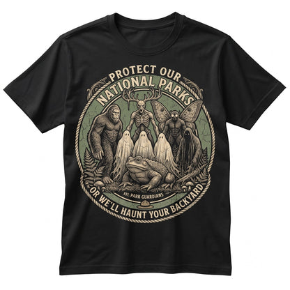 Protect Our National Parks Cryptid Bigfoot Mothman Ghost Vintage Horror Funny Nature Conservation Graphic Unisex TShirt