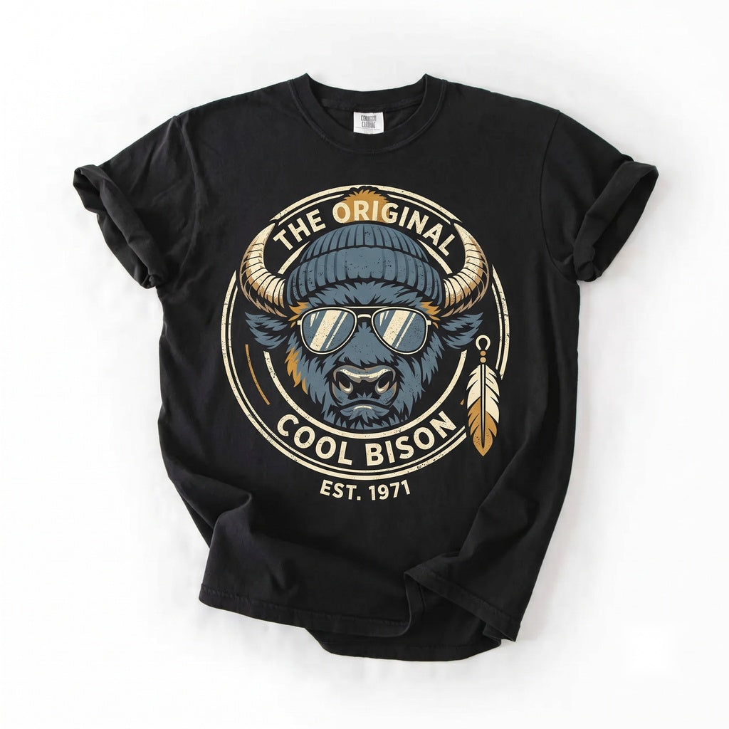 Cool Funny Buffalo Sunglasses Beanie Graphic Retro Western Animal Casual Unisex TShirt