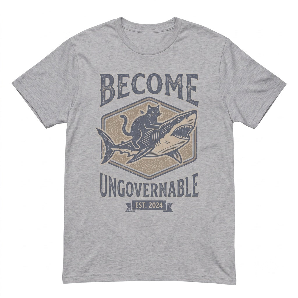 Become Ungovernable Funny Black Cat Shark Chaotic Animal Meme Gothic Punk Apparel Unisex TShirt
