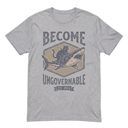 Become Ungovernable Funny Black Cat Shark Chaotic Animal Meme Gothic Punk Apparel Unisex TShirt