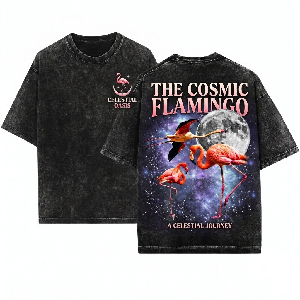 Three Flamingo Retro Vintage Moon Graphic Funny Oversized Meme Bird Unisex Wash T-Shirt