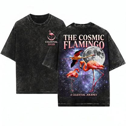 Three Flamingo Retro Vintage Moon Graphic Funny Oversized Meme Bird Unisex Wash T-Shirt