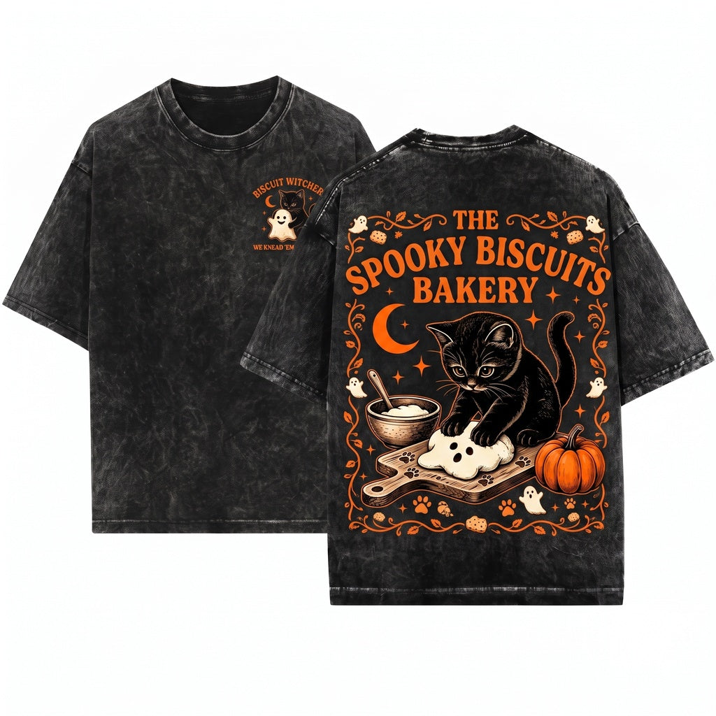 Kitty Biscuits Spooky Season Black Cat Halloween Vintage Baking Pumpkin Lover Fall Unisex Wash T-Shirt