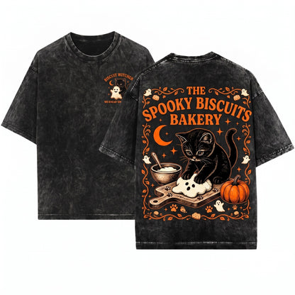 Kitty Biscuits Spooky Season Black Cat Halloween Vintage Baking Pumpkin Lover Fall Unisex Wash T-Shirt