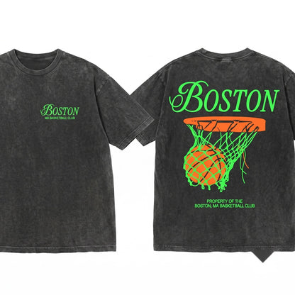 Boston Retro 90s Bball Hoops Graphic Urban Apparel Unisex Wash T-Shirt