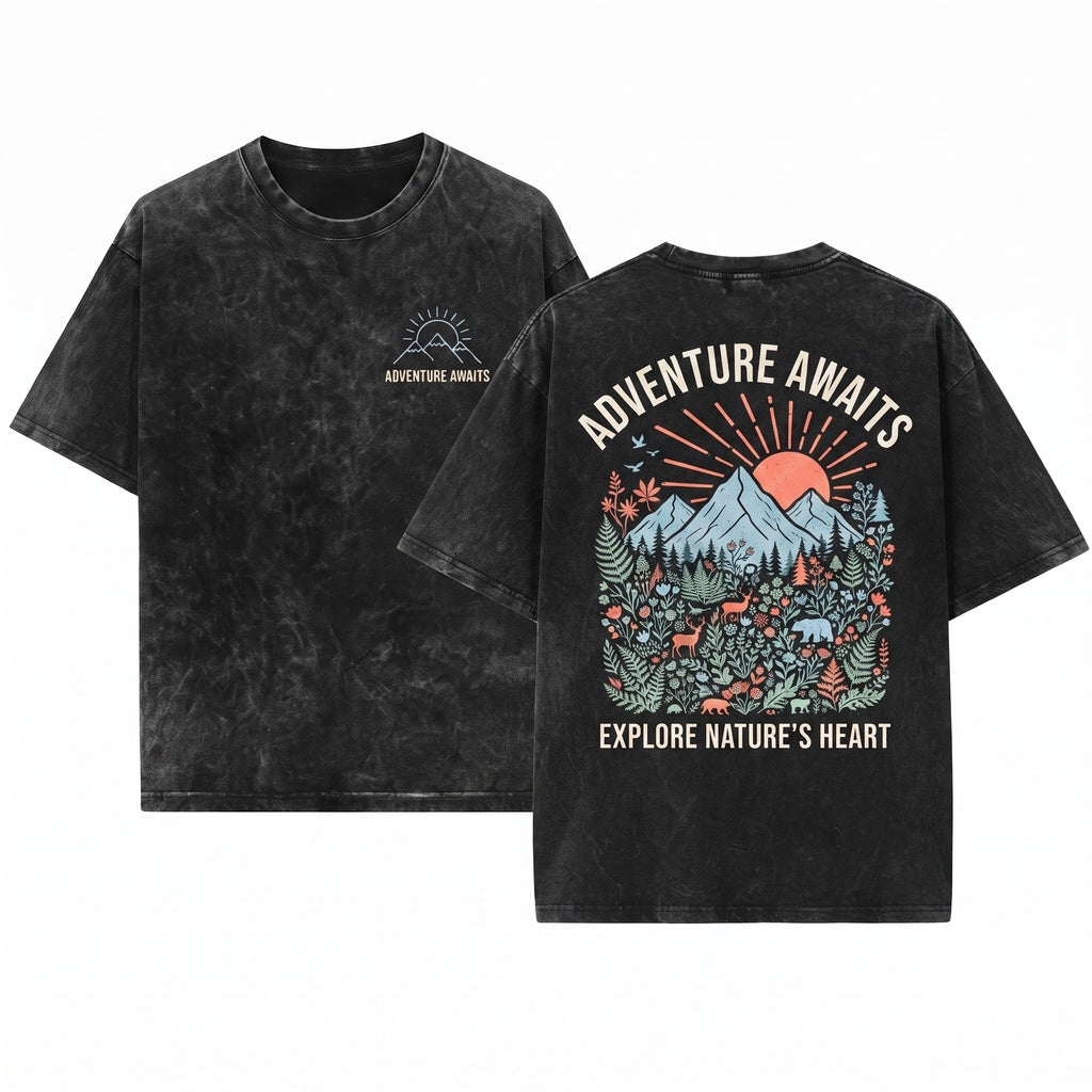 Adventure Awaits Mountain Camping Hiker Nature Vacation Unisex Wash T-Shirt