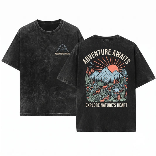 Adventure Awaits Mountain Camping Hiker Nature Vacation Unisex Wash T-Shirt