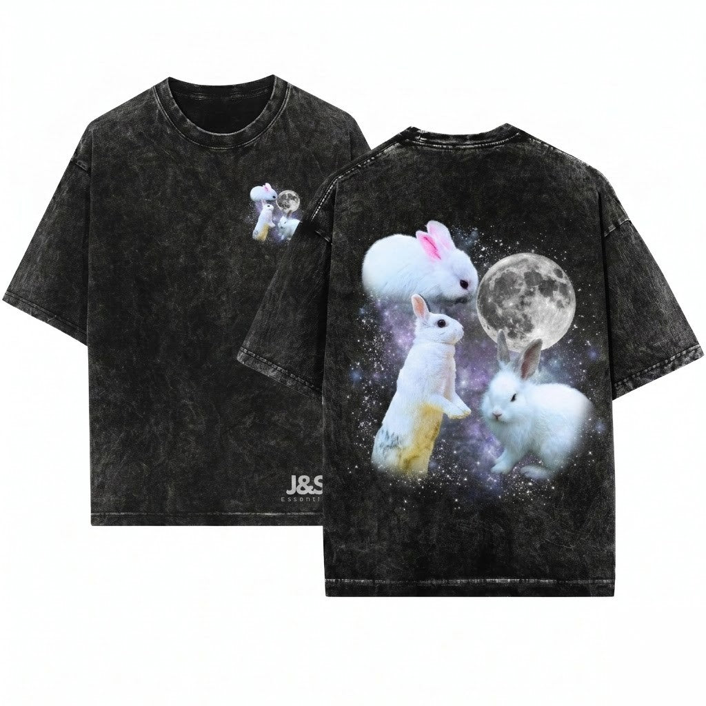 Three Bunny Retro Vintage Rabbit Moon Oversized Silly Funny Lovers Gift Graphic Unisex Wash T-Shirt