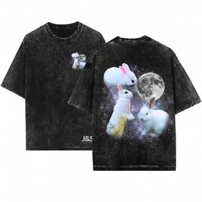 Three Bunny Retro Vintage Rabbit Moon Oversized Silly Funny Lovers Gift Graphic Unisex Wash T-Shirt