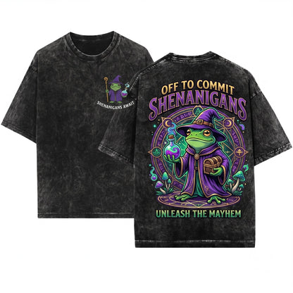 Embroidered Wizard Frog Off To Commit Shenanigans Funny Tabletop RPG Fantasy Gift Ren Faire 1717 Unisex Wash T-Shirt
