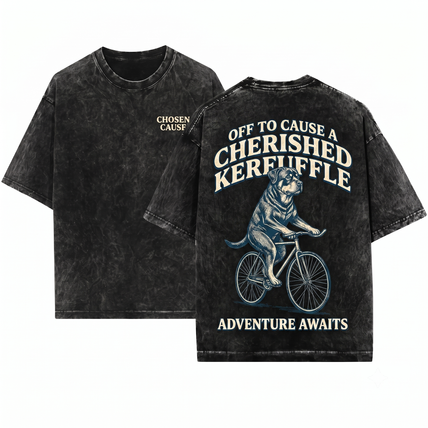 Funny Rottweiler Bicycle Off To Cause A Kerfuffle Vintage Dog Humor Mom Or Dad Gift Unisex Heavyweight Garment-Dyed T-Shirt