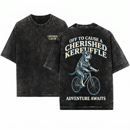 Funny Rottweiler Bicycle Off To Cause A Kerfuffle Vintage Dog Humor Mom Or Dad Gift Unisex Heavyweight Garment-Dyed T-Shirt