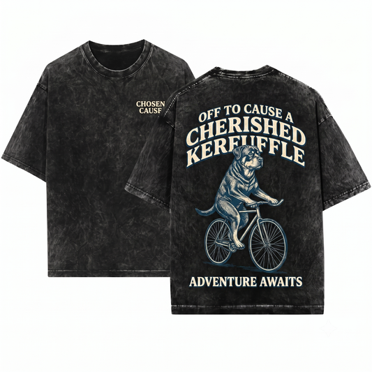 Funny Rottweiler Bicycle Off To Cause A Kerfuffle Vintage Dog Humor Mom Or Dad Gift Unisex Heavyweight Garment-Dyed T-Shirt