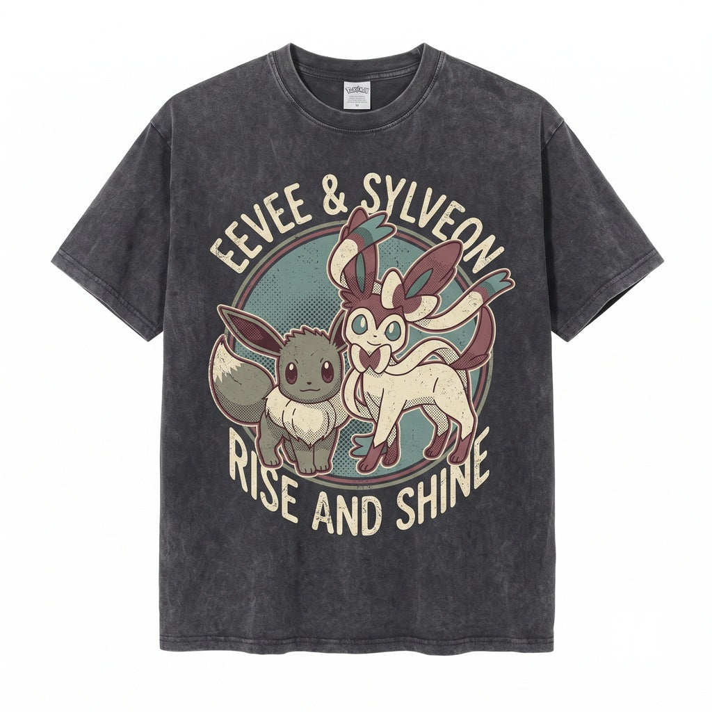 Vintage Sylveon and Eevee Washed Cute Fairy Fox Evolution Graphic Kawaii Anime Oversized Apparel Unisex TShirt